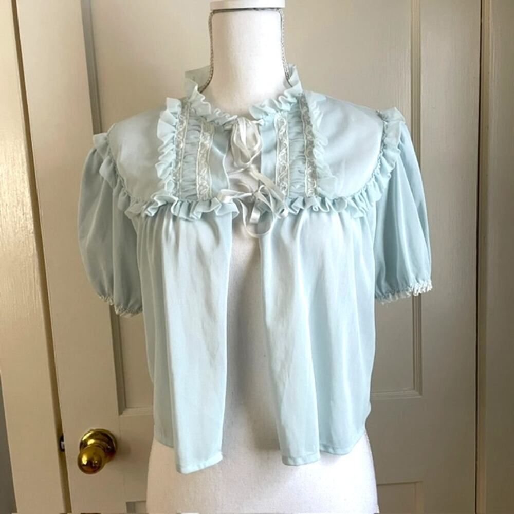 Vintage Blue Chiffon Bed Jacket Cropped Peignoir Lace Ribbon Boudoir M Fairycore